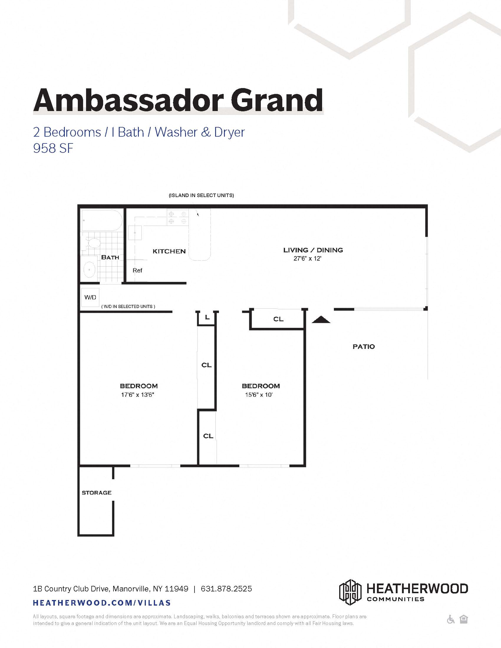 Floor plan for 2 beds, 1 bath, 958 sqft